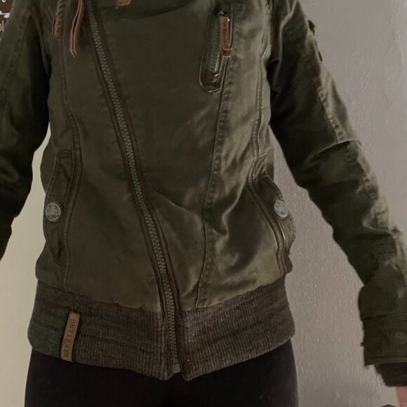 Naketano Asymmetrical Olive Green Diagonal Zip Jacket w/ Hood Size S/M - Picture 9 of 10